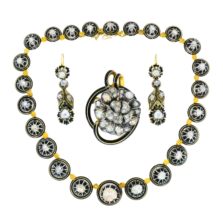 Georgian Parure Set Gold Silver Rose Cut Diamond Necklace Earrings Brooch