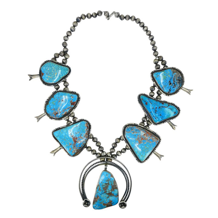 Signed Navajo Native Indian Sterling Silver Turquoise Squash Blossom Necklace