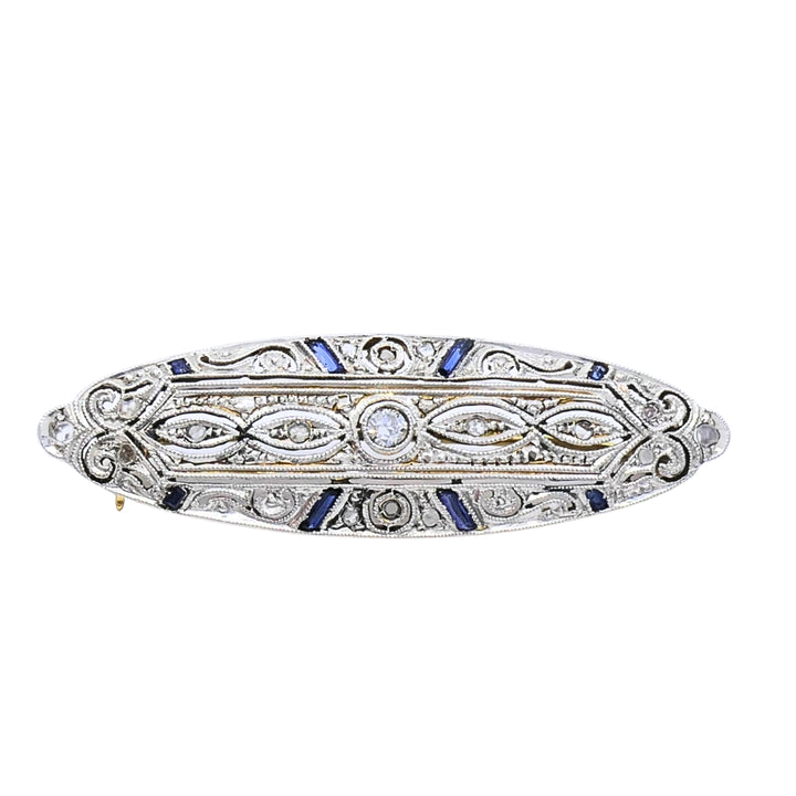 Art Deco 18k Gold Diamond Sapphire Navette Brooch