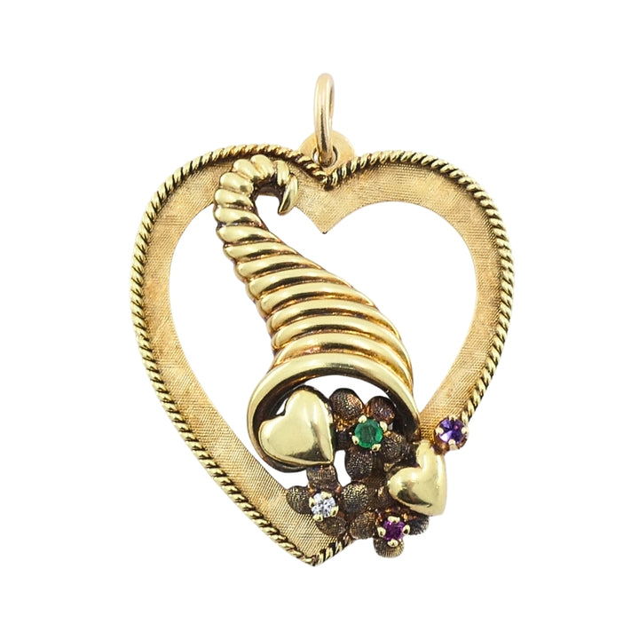Vintage 14k Gold Heart Pendant Gemstone Cornucopia Design
