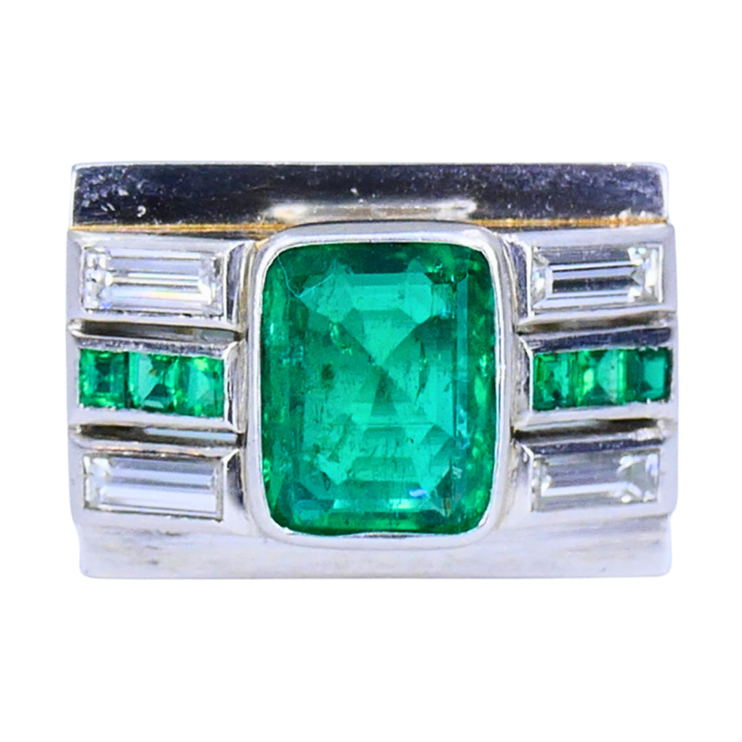 Emerald Diamond Ring Art Deco Revival Platinum Ring French
