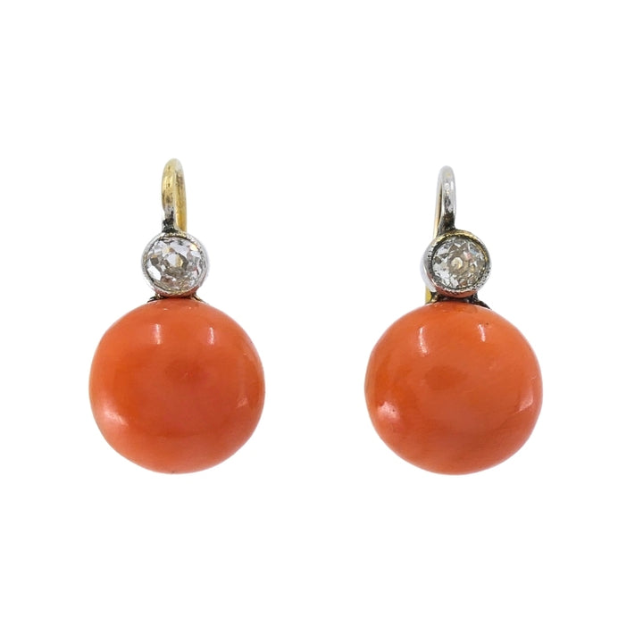 Antique 14k Gold Coral Diamond Accent Drop Earrings