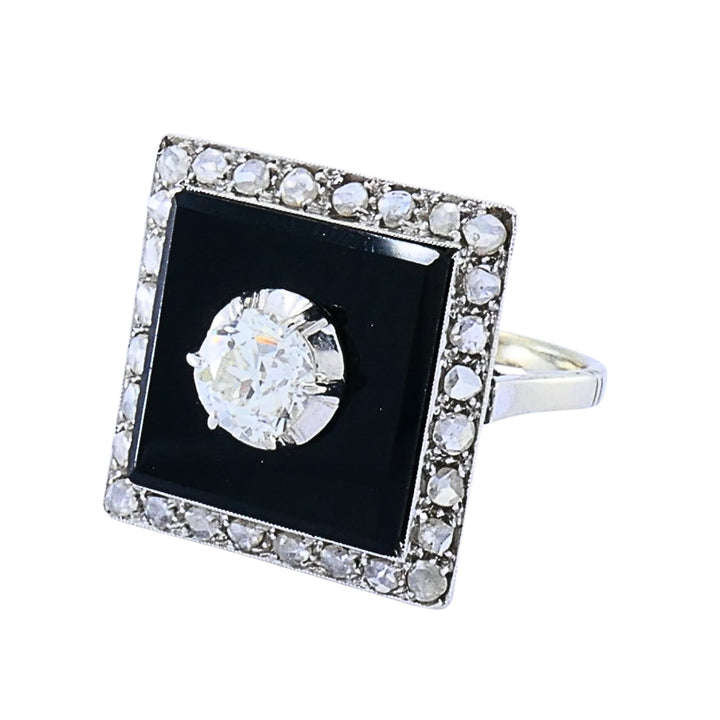 Art Deco 14k Gold Onyx Diamond Square Plaque Ring Antique Jewelry