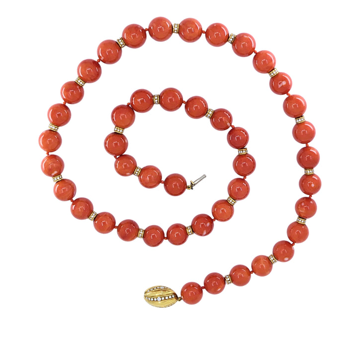 Vintage Bvlgari Coral Necklace 18k Gold Diamond Rondelles & Diamond Clasp