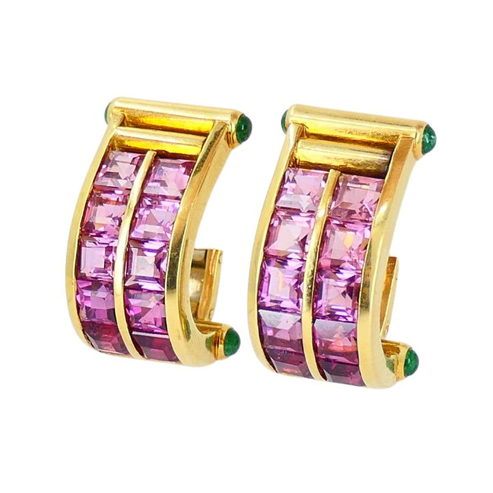 Vintage Bulgari 18k Gold Emerald Pink Tourmaline Earrings