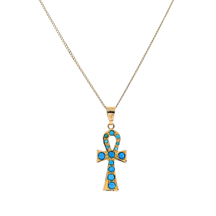 Vintage 21k Gold Turquoise Ankh Pendant 14k Gold Chain Necklace
