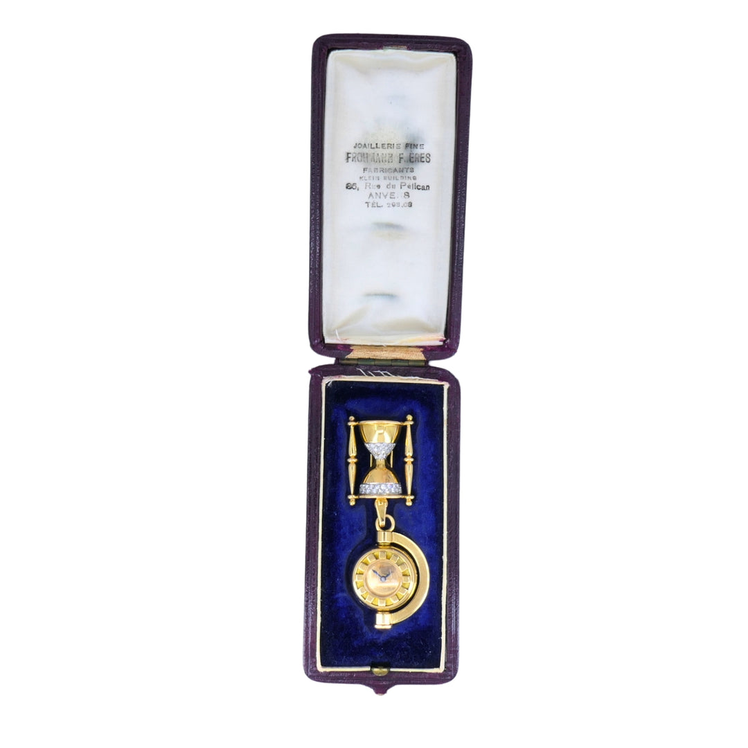 Vintage French Lapel Watch Pin Clip 18k Gold Diamonds