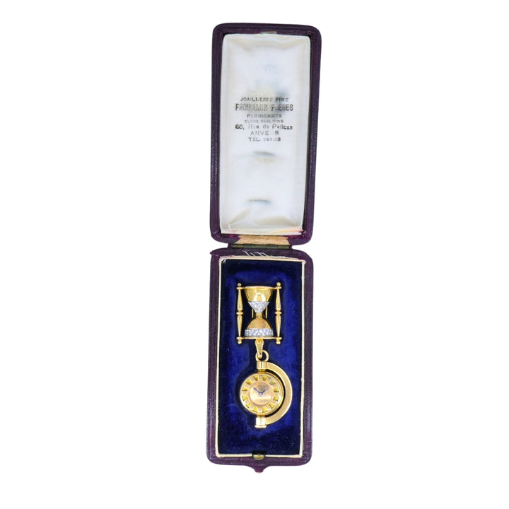 Vintage French Lapel Watch Pin Clip 18k Gold Diamonds