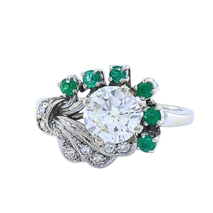 Vintage 14k White Gold Diamond  Emerald Cocktail Ring