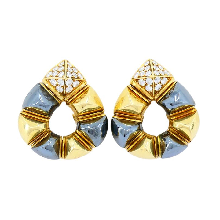 Vintage Bulgari 18k Gold Hematite Diamond Clip Earrings