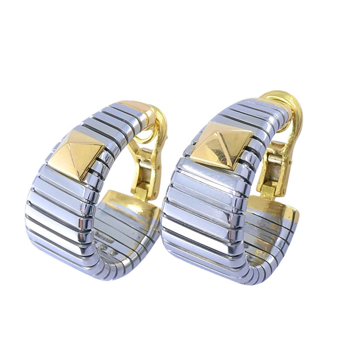Bvlgari 18k Yellow Gold & Steel Tubogas Pyramid Hoop Earrings