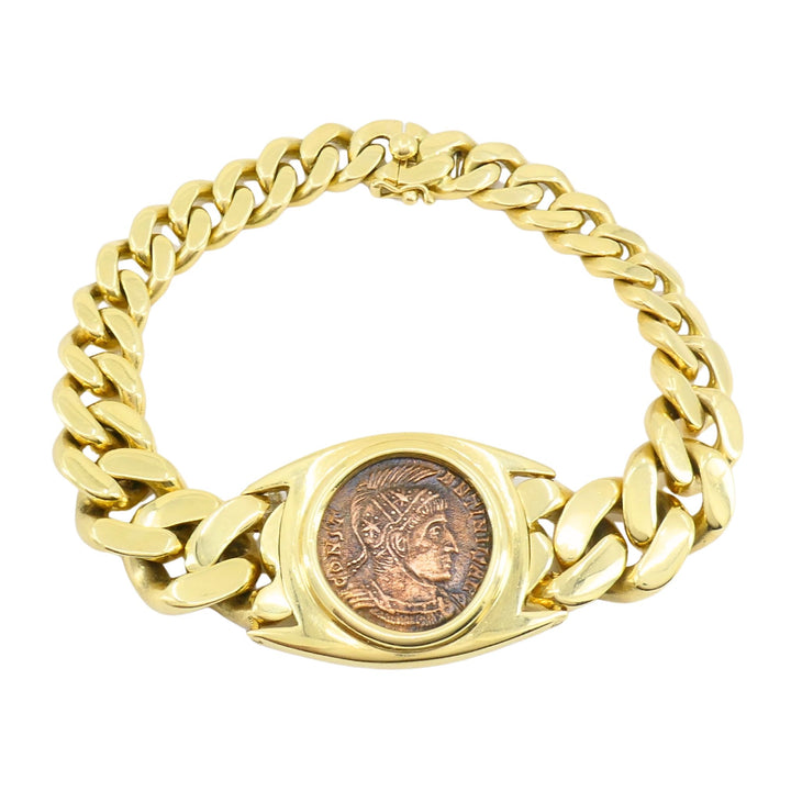 Vintage Bvlgari 18k Gold Monete Bronze Ancient Coin Curblink Bulgari Bracelet