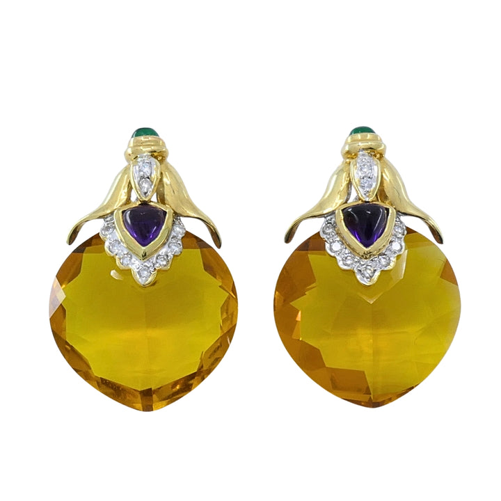 Vintage 18k Gold Citrine Heart Multi-Gemstone Earrings