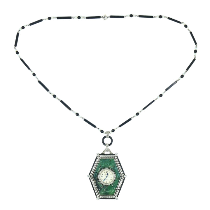 Art Deco Jaeger-LeCoultre Watch Pendant Jade Black Onyx Seed Pearl Necklace