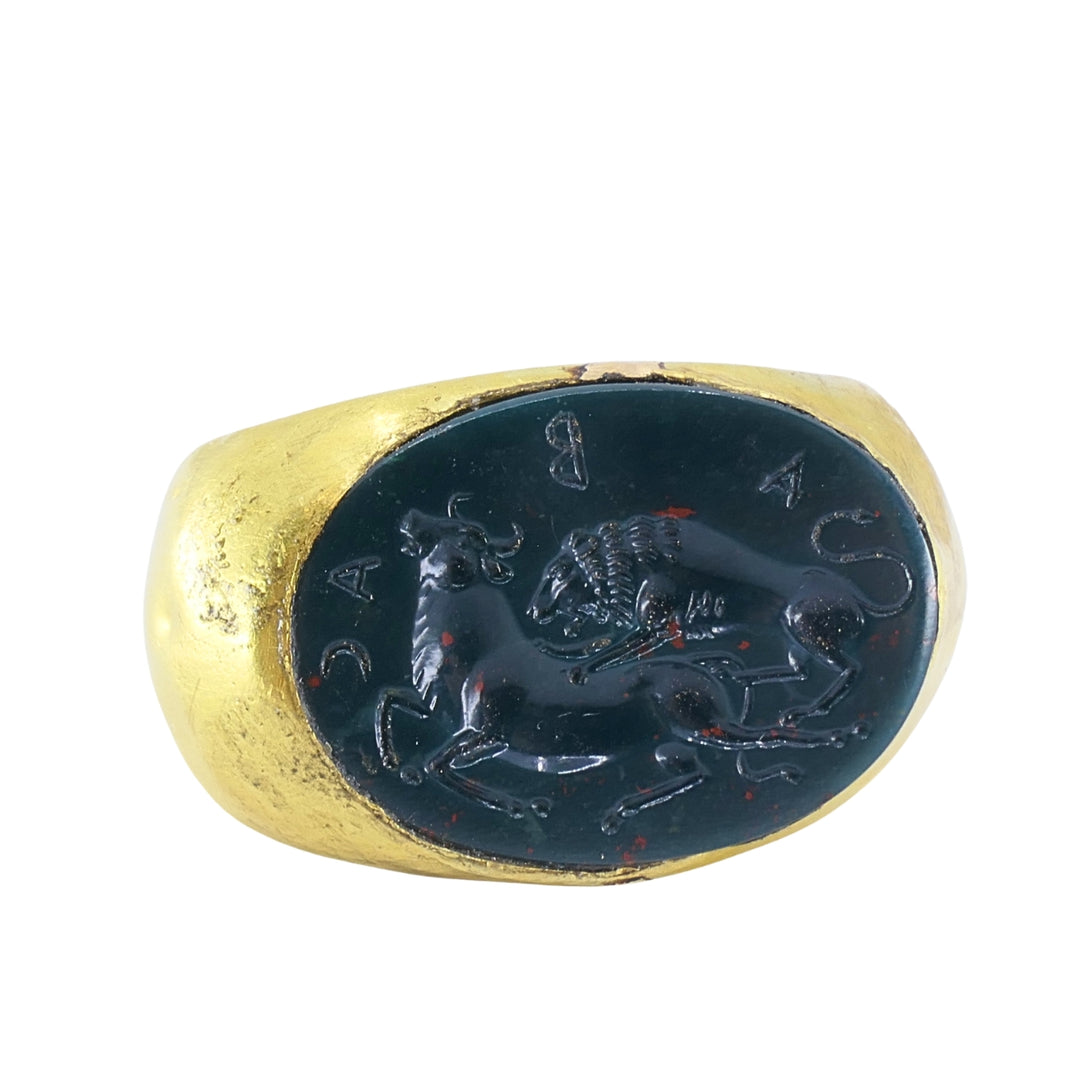 22k Gold Oval Intaglio Lion Bull Signet Ring Greek & Roman Inspired Design