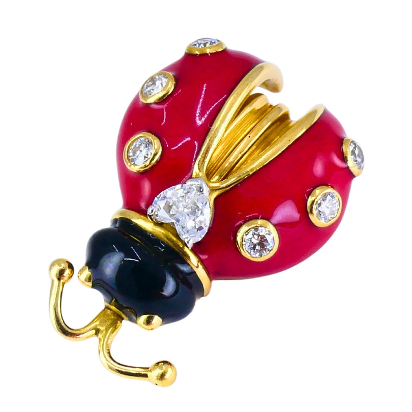 Vintage 1950s Oscar Heyman Ladybug Pin 18k gold Diamond Enamel