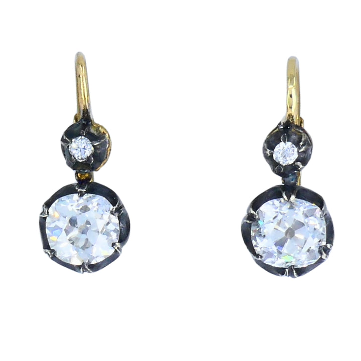 Victorian 14k Gold Silver Two-Stone Diamond Earrings Old Mine Cut, Antique