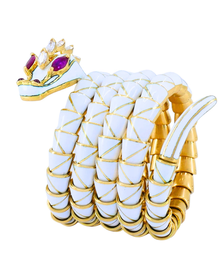 Rare Bvlgari Vintage Bulgari Dragon Bracelet 18k Gold Diamond White Enamel
