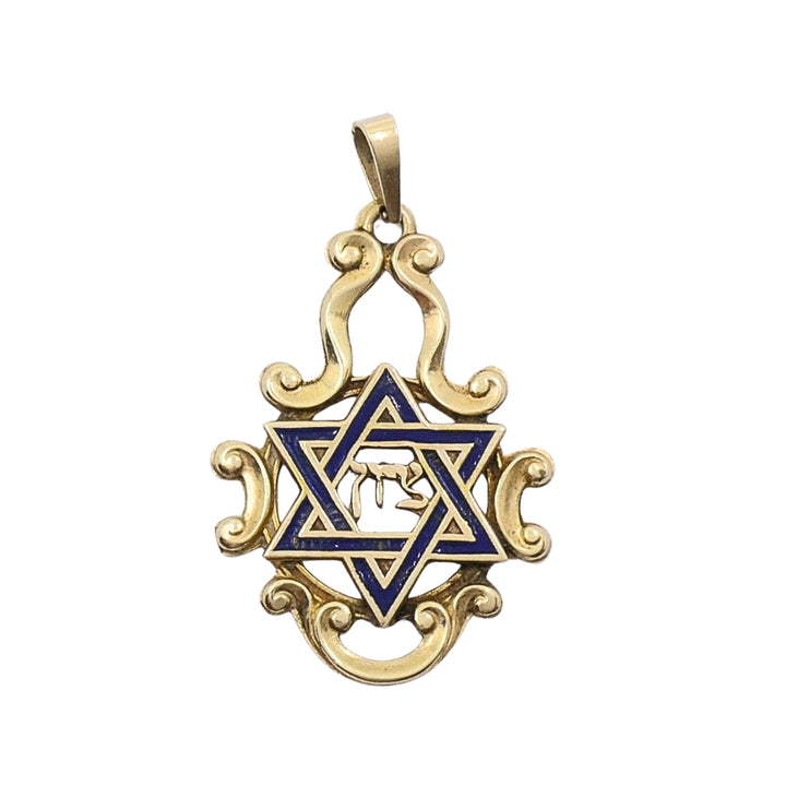 Vintage 14k Gold Blue Enamel Star of David Chai Pendant