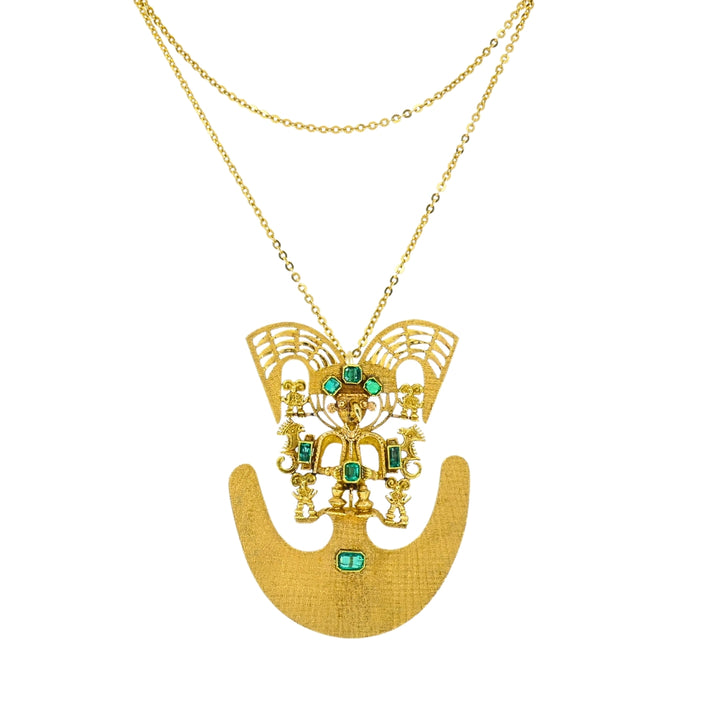 Vintage Pre‑Columbian Revival 18k Gold Emerald Tairona Style Pendant‑Brooch