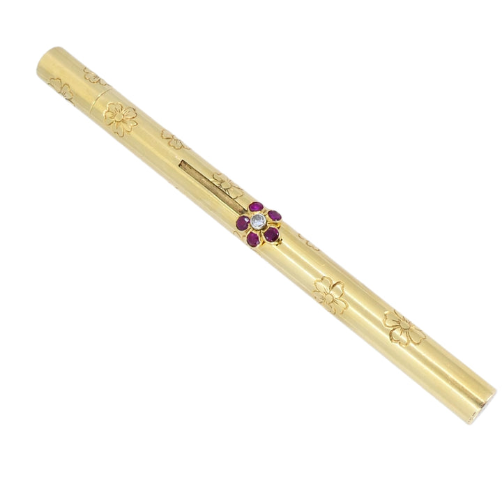 Retro 1940s Van Cleef & Arpels 14k Gold Ruby Pocket Make-Up Brush