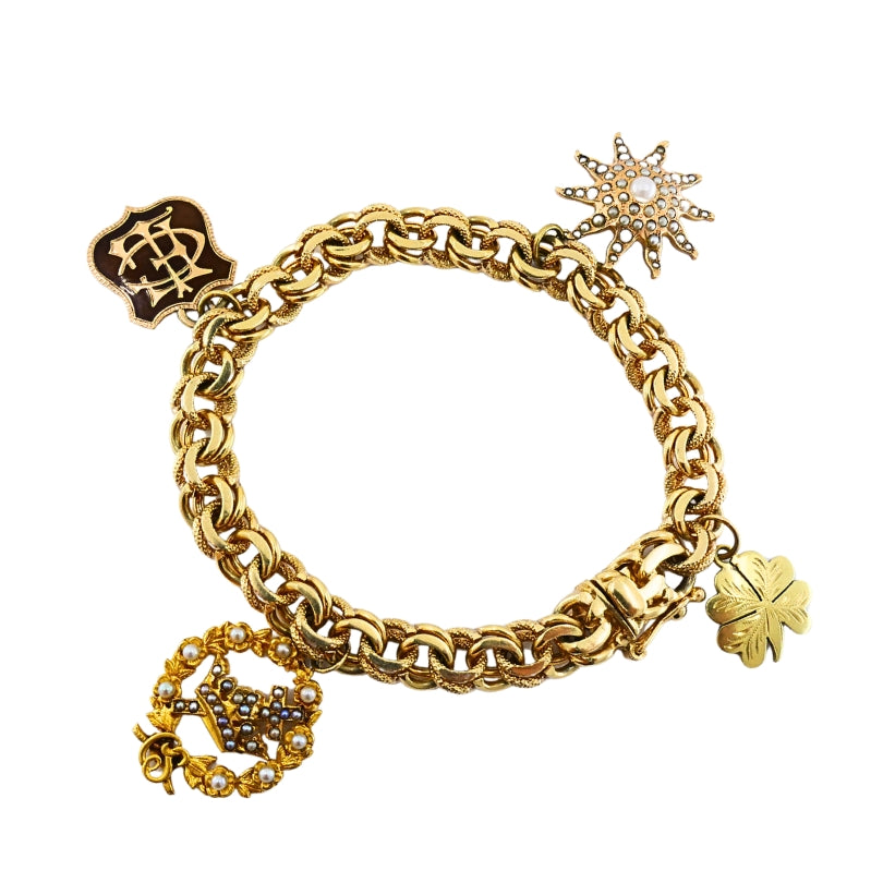 Victorian 14k Gold  Link Bracelet  Enamel Pearl & Engraved Charms