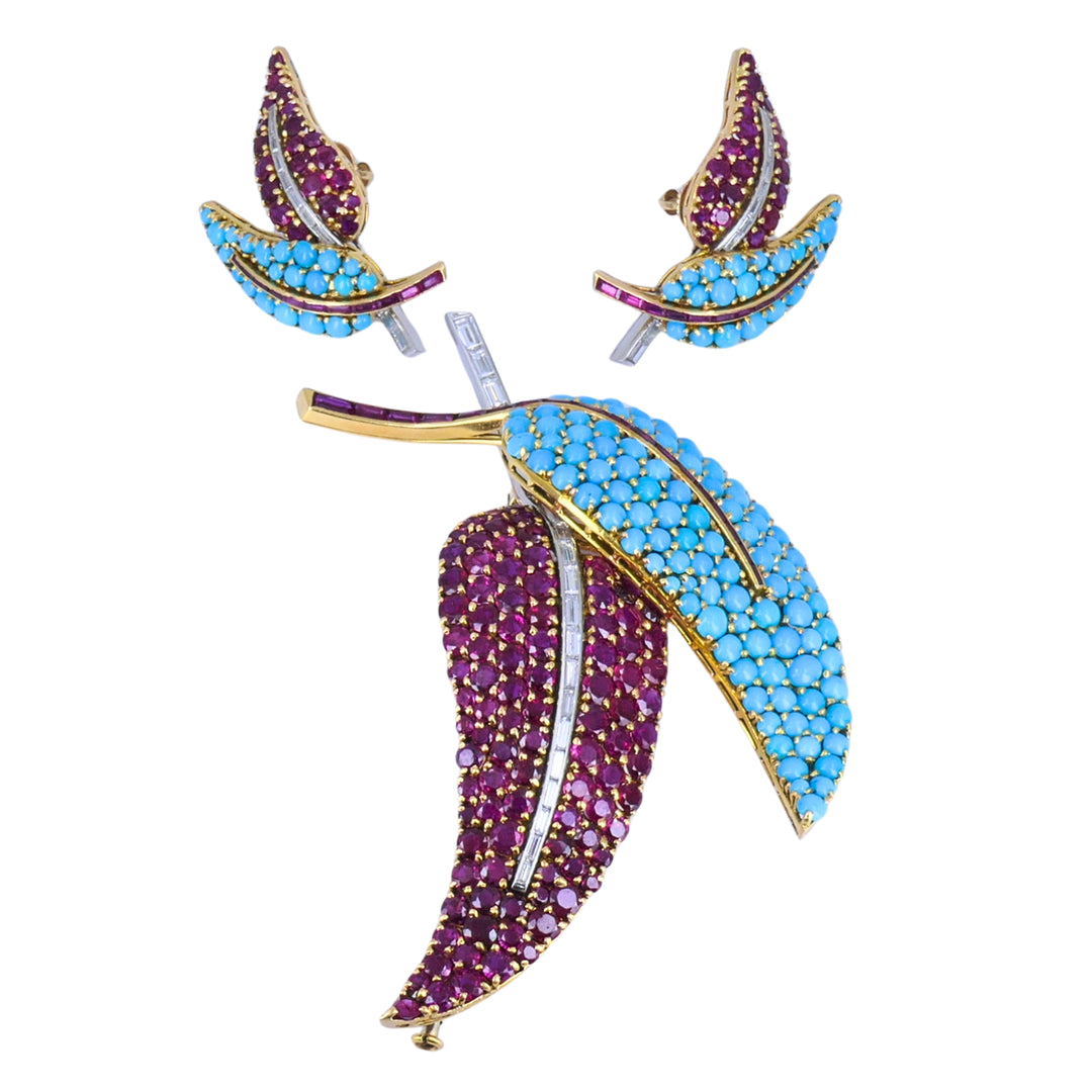 18k Gold Turquoise Ruby & Diamond Vintage Brooch and Earrings Set French Jewelry