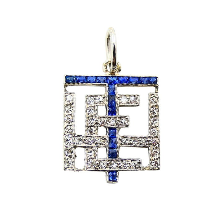 Antique Platinum Diamond Sapphire Geometric Pendant Charm