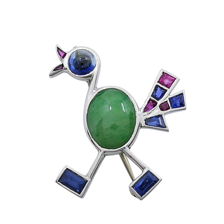 Vintage Modernist 14k White Gold Multigemstone Bird Brooch