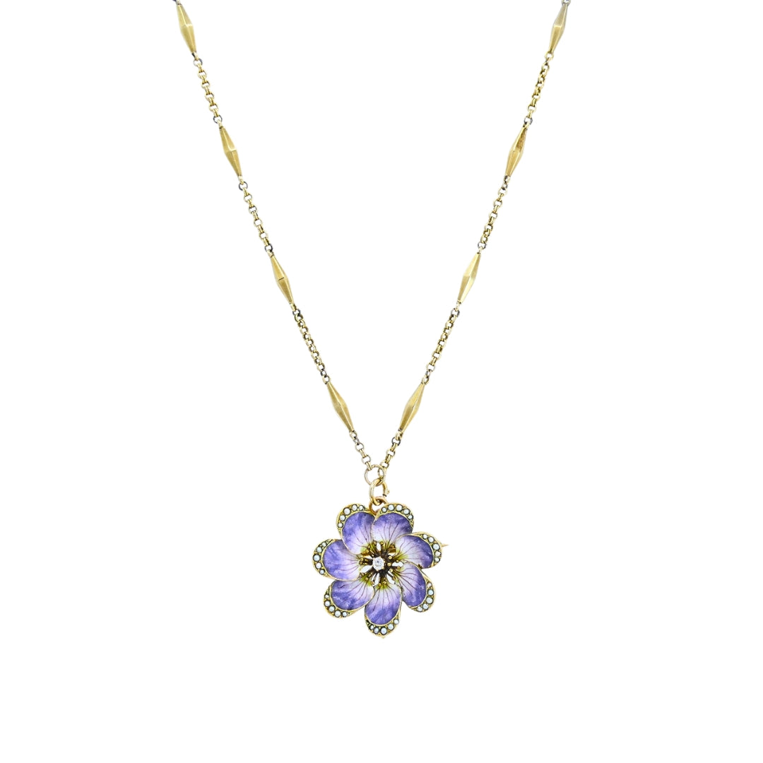 14k Gold Violet Flower Diamond Seed Pearl Pendant Brooch Necklace