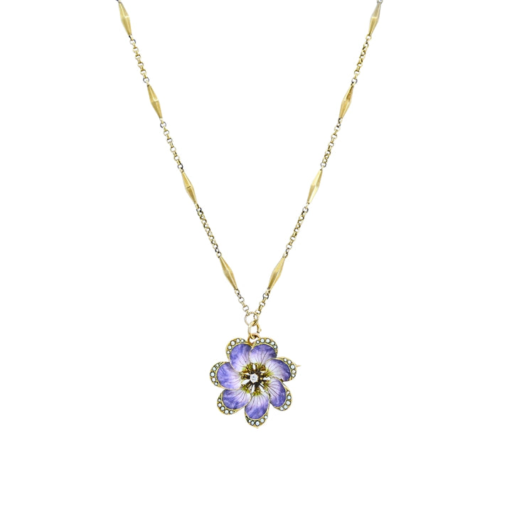 14k Gold Violet Flower Diamond Seed Pearl Pendant Brooch Necklace