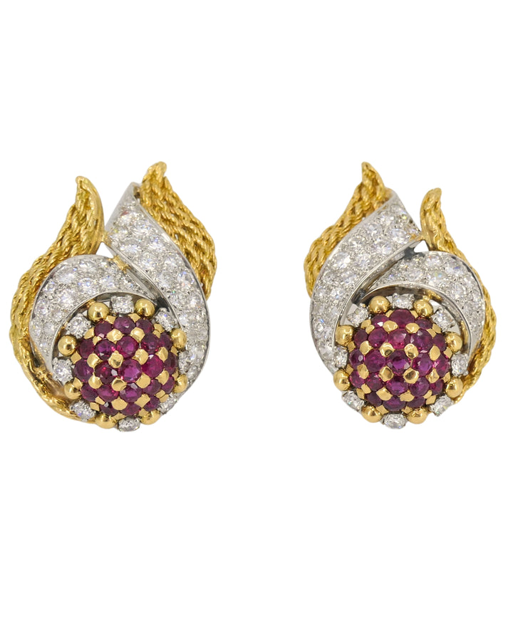 Lacloche Clip On Earrings 18k Yellow & White Gold Ruby and Diamond Earrings
