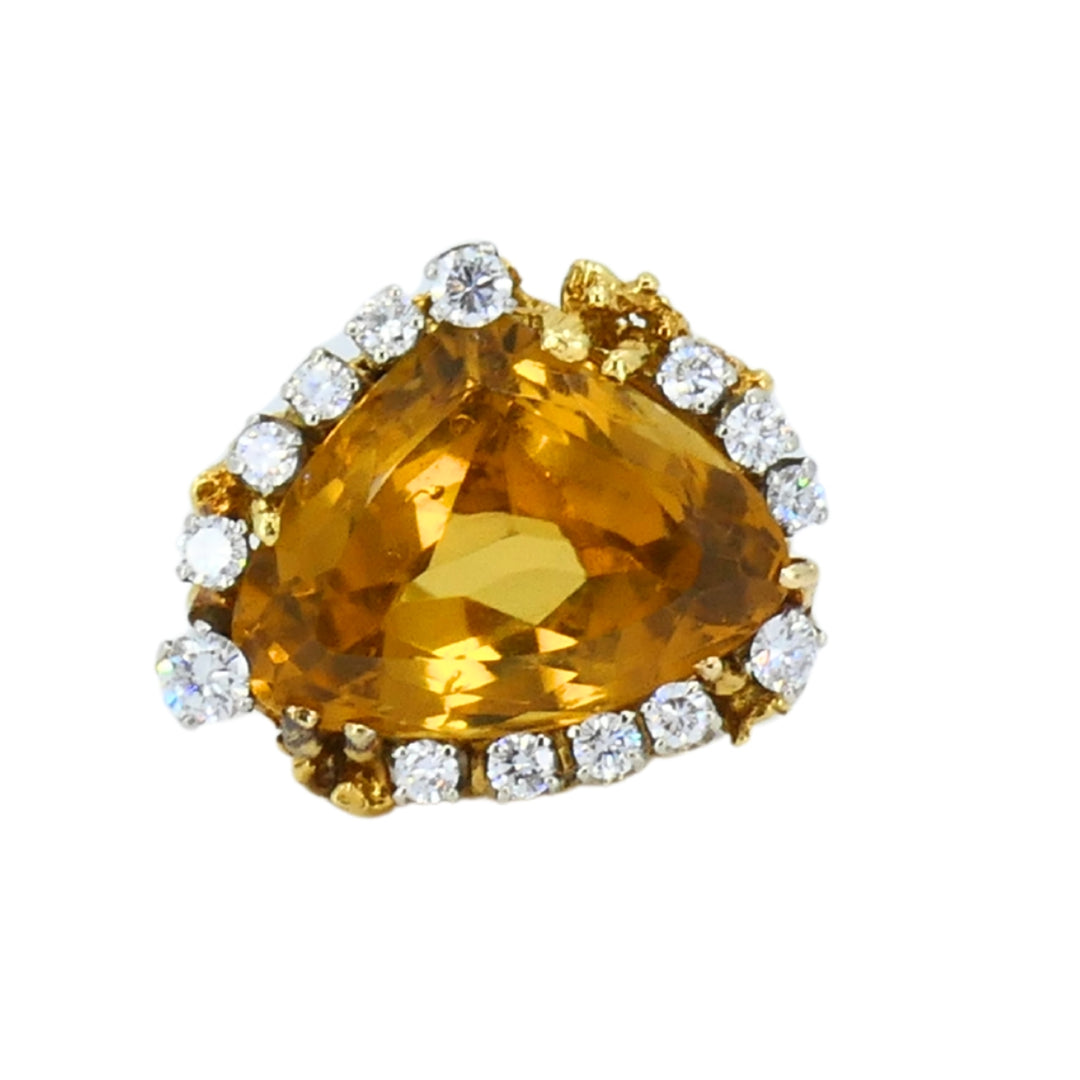 Vintage 18k Gold Citrine Diamond Ring Brutalist Design