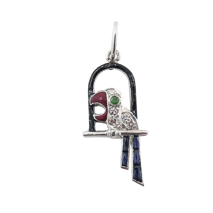 Antique Platinum Parrot Charm Gemstone Diamond Accents