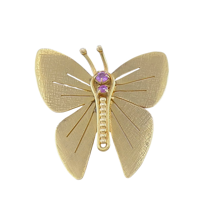Vintage 14k Gold Butterfly Brooch Pink Gemstone Accents