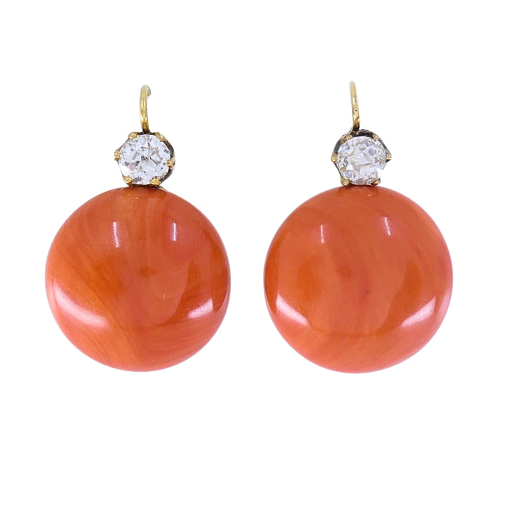 Antique Victorian 14k Gold Coral Diamond Drop Earrings, 1890 - 1900