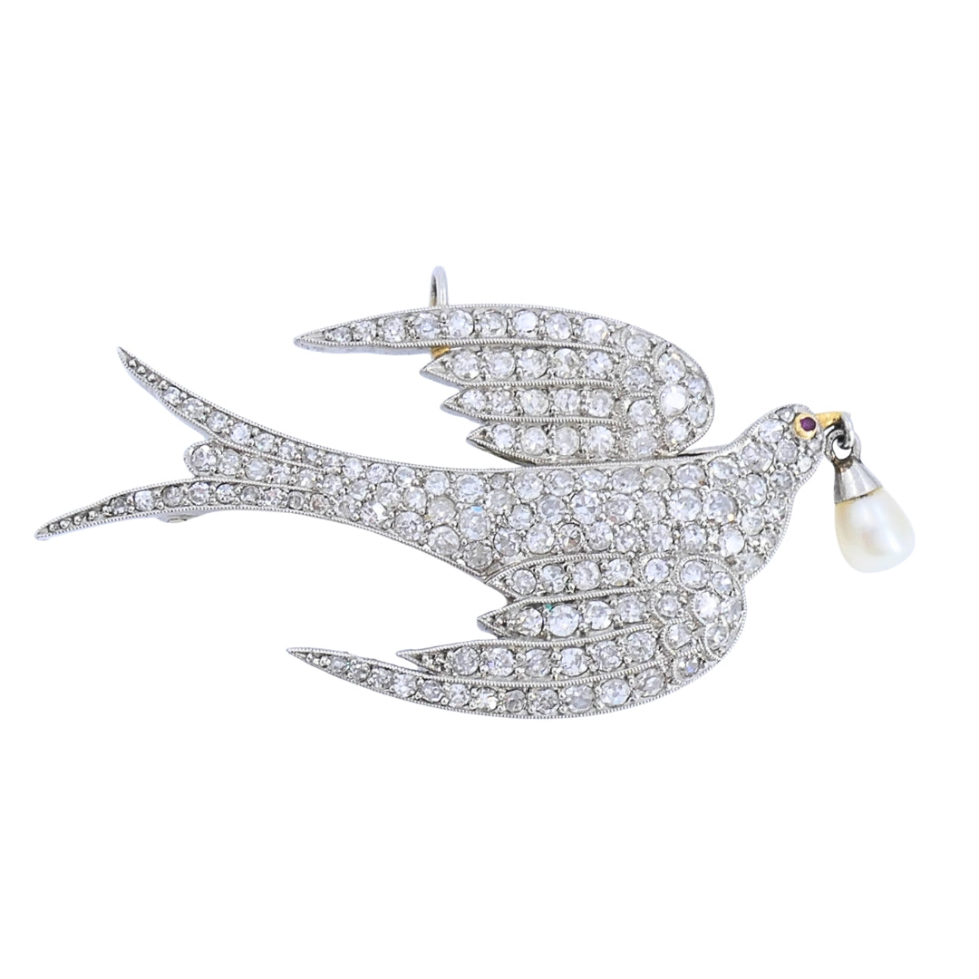 Diamond Pendant Bird Pin with Pearl Drop