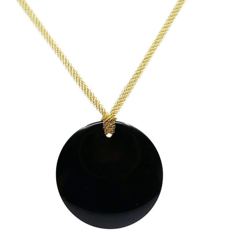 Elsa Peretti Tiffany & Co. Round Black Jade Pendant 18K Gold Mesh Necklace