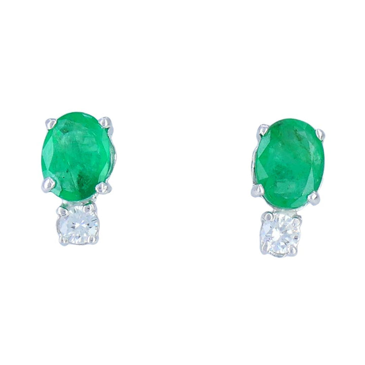 Vintage 18k White Gold Emerald Diamond Stud Earrings