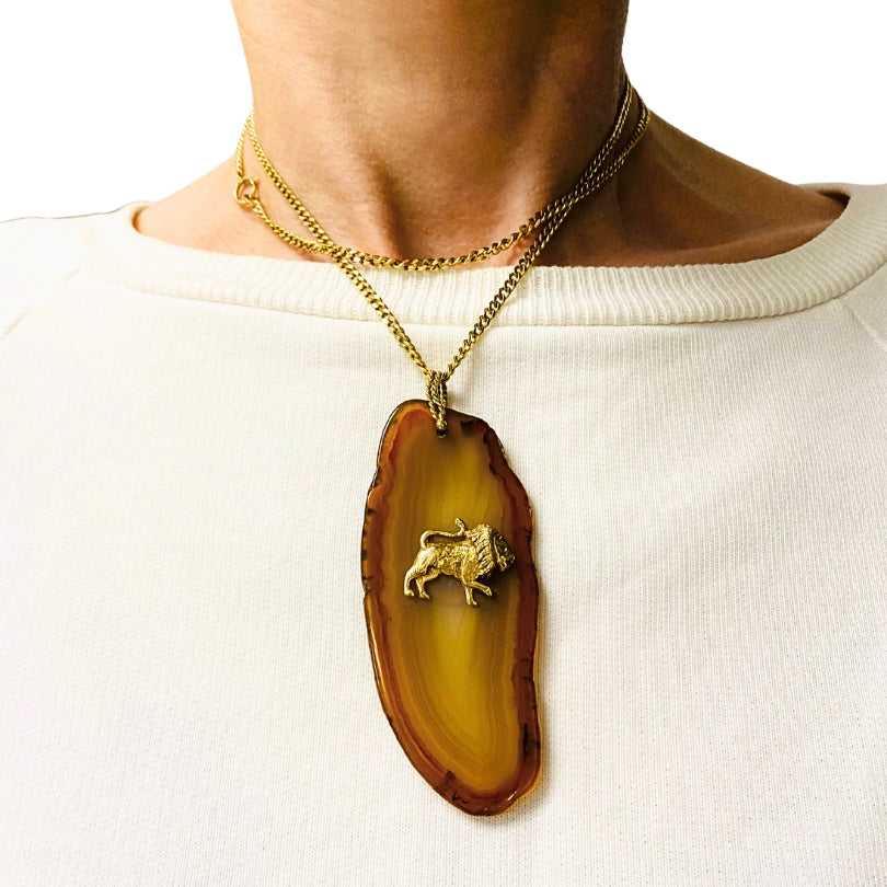 Onyx Gold Pendant Leo Zodiac Jewelry