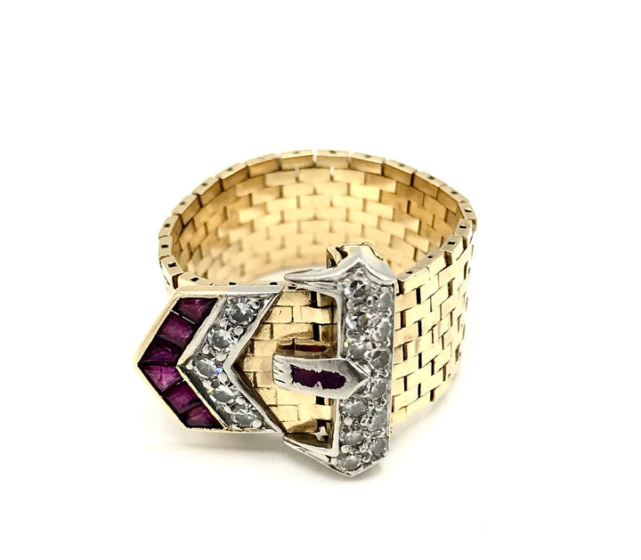 Retro Yellow Gold Diamond Ruby Enamel Buckle Ring