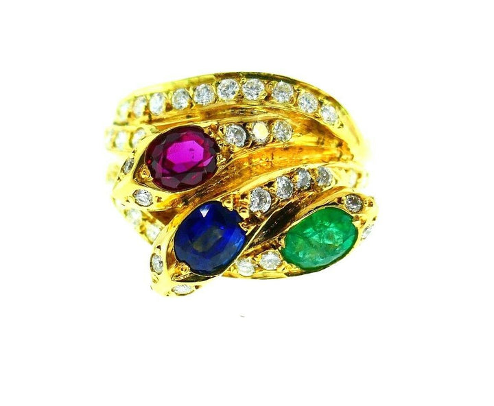 English Vintage Yellow Gold Diamond Gemstones Snake Ring