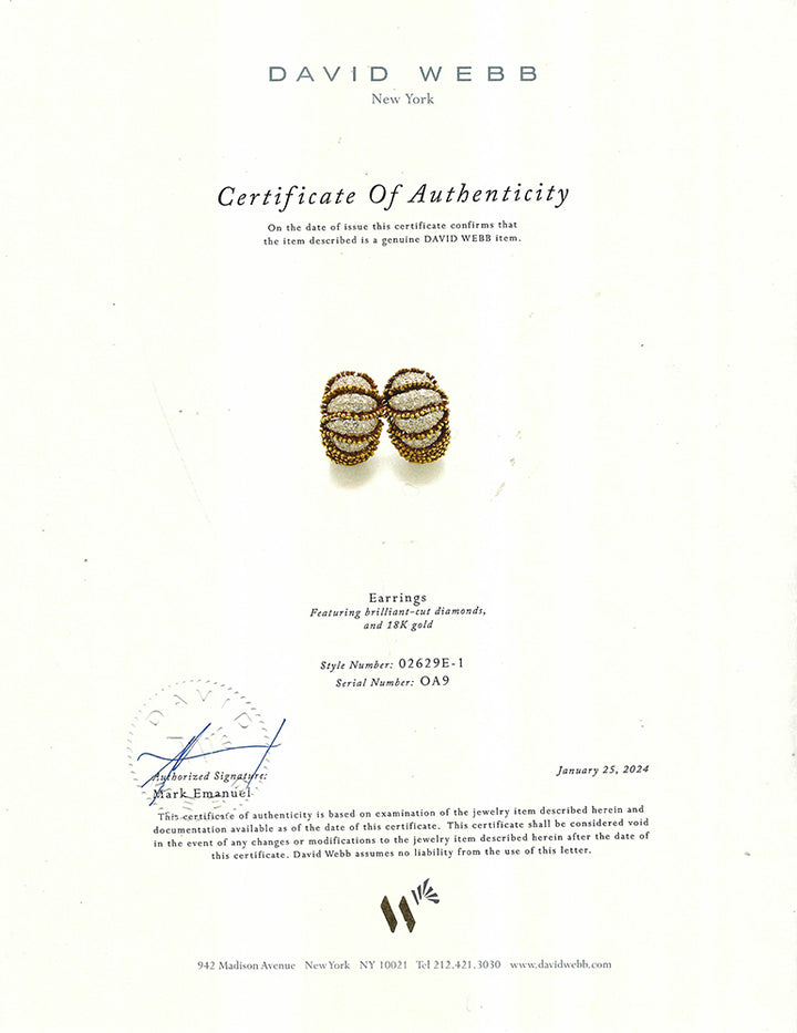 David Webb Diamond Earrings 18k Gold Authenticity Certificate