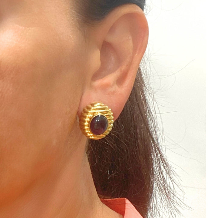 Vintage Tambetti 18k Gold Amethyst Cabochon Earrings