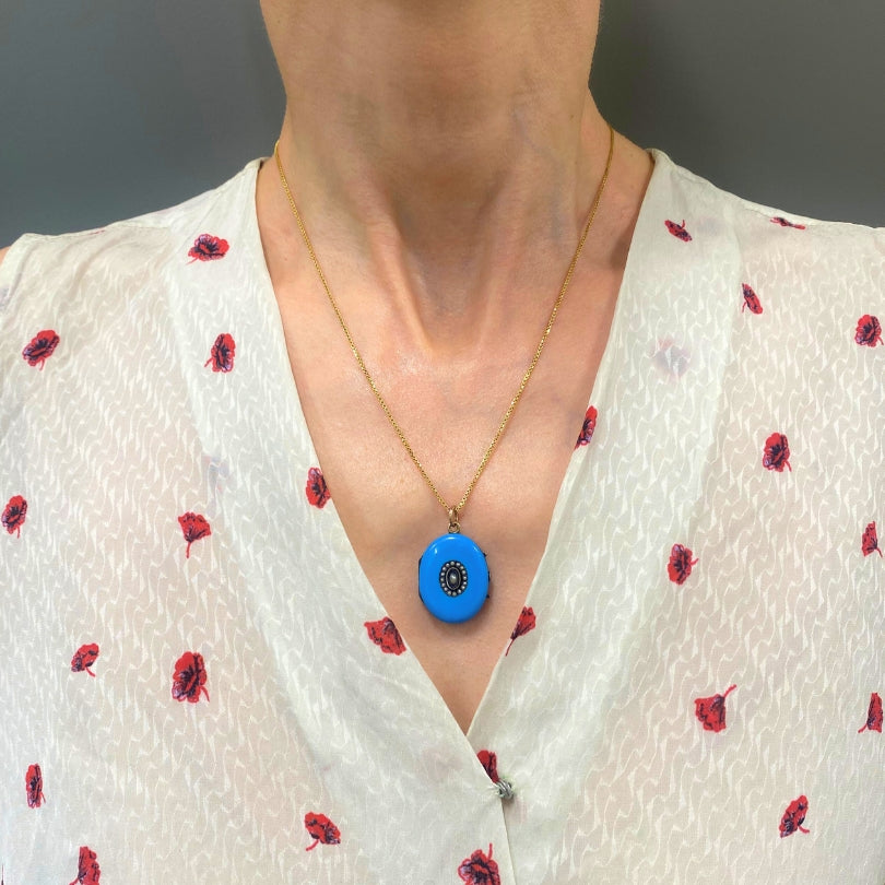 Victorian 14k Gold Necklace Blue Enamel Locket Pendant