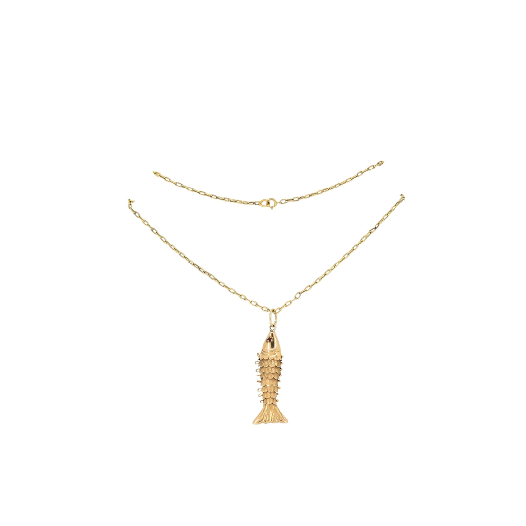 Vintage 14k Gold Fish Pendant 18k Gold Chain Necklace