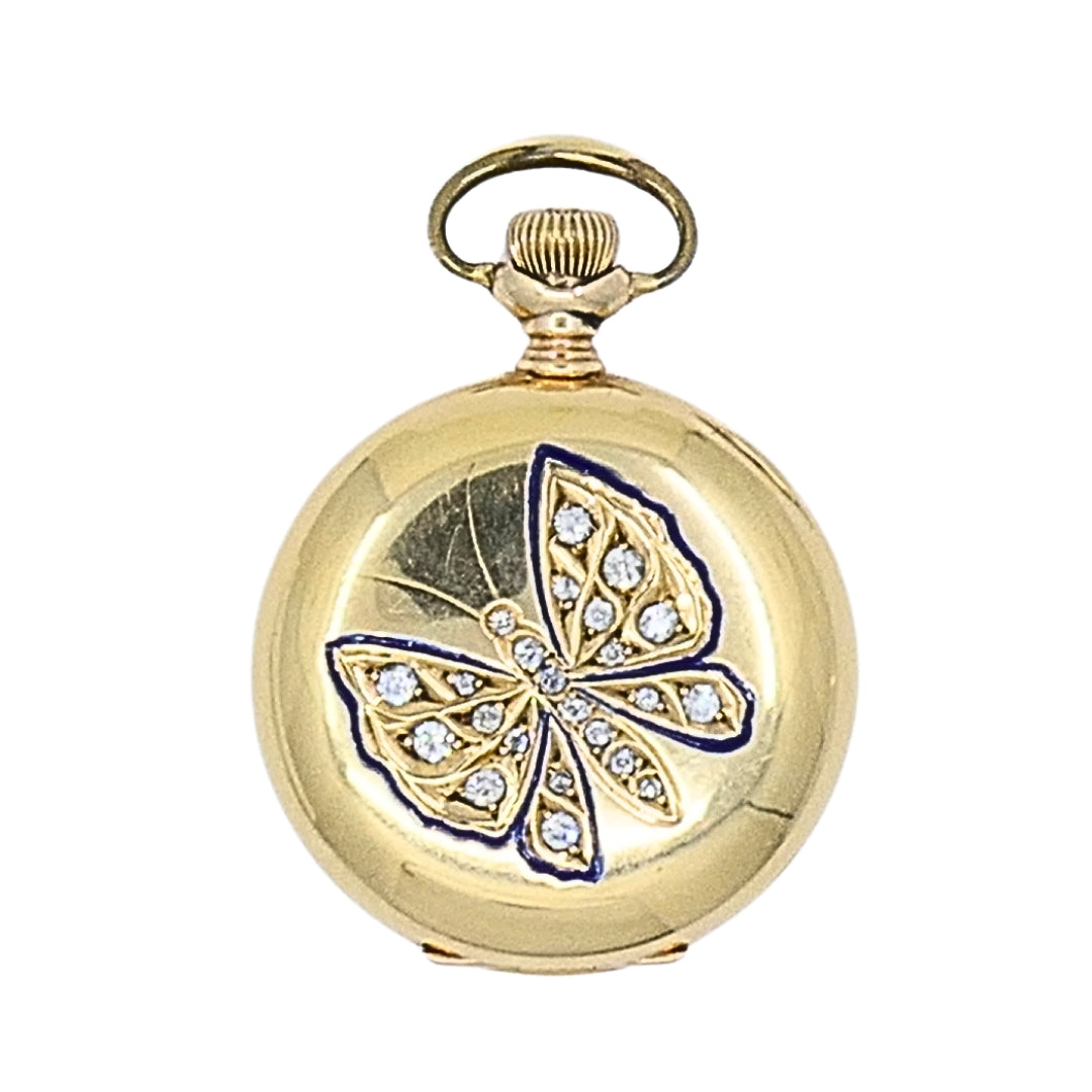 Antique Elgin 14K Gold Keystone Hunter Case Pocket Watch Diamond Butterfly
