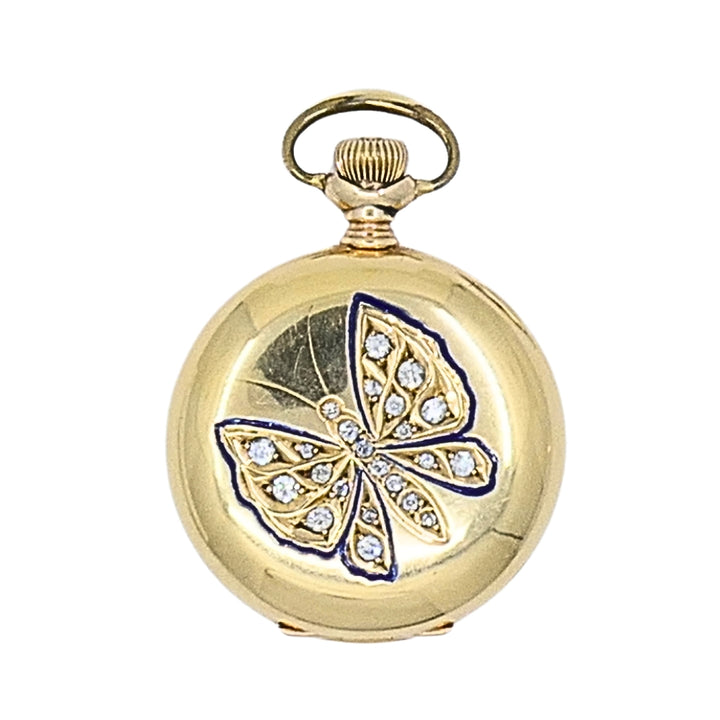 Antique Elgin 14K Gold Keystone Hunter Case Pocket Watch Diamond Butterfly