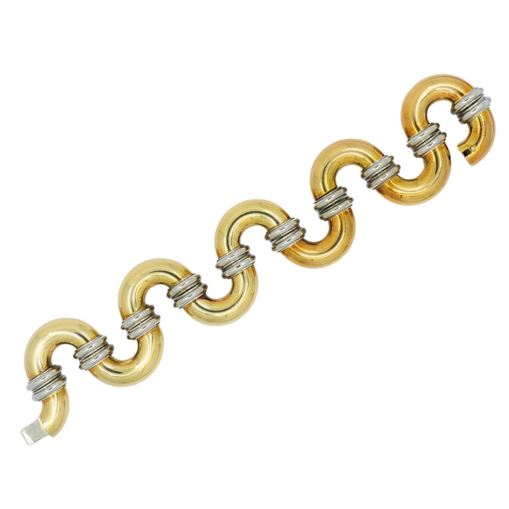Vintage Sculptural 18k Gold Link Bracelet Wide Two-Tone Gold