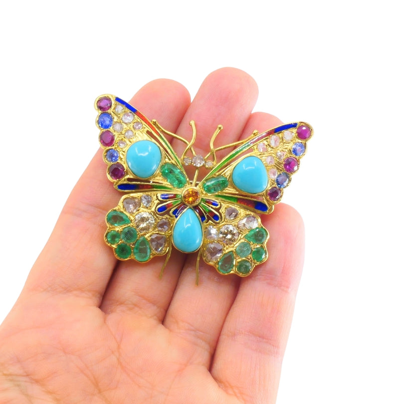 Vintage 18k Gold Multigem Butterfly Brooch Statement Insect Jewelry